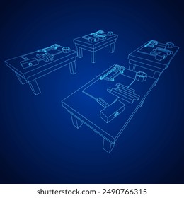 Craft carpentry workbench workshop interior. Wireframe low poly mesh vector illustration