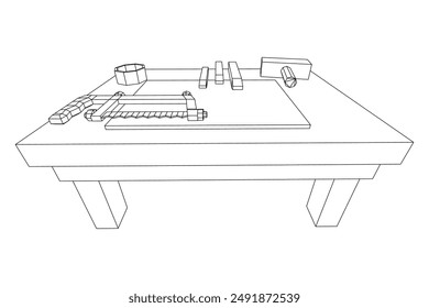 Interior del taller del banco de trabajo de carpintería artesanal. Ilustración vectorial de malla de polietileno baja