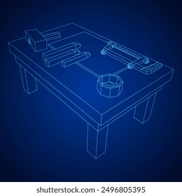 Craft carpentry workbench workshop interior. Wireframe low poly mesh vector illustration
