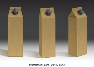 Craft carton pack for milk or juice, brown cardboard box in front and angle view. Vector realistic 3d mockup of blank eco package with cap cap for drink and dairy beverage isolated on background