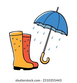 Craft a charming autumn sketch in a doodle style featuring rubber boots, an umbrella, and raindrops, perfect for unique seasonal branding, product labels, and promotional materials