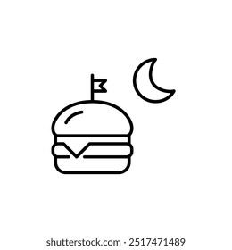 Hamburguesa con queso artesanal, bandera y luna. Antojos nocturnos, entrega de comida las 24 horas. Icono de Vector perfecto de píxeles