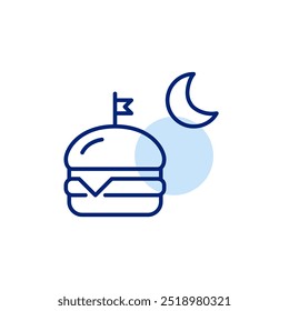 Hamburguesa con queso artesanal, bandera y luna. Antojos nocturnos, entrega de comida las 24 horas. Icono de trazo perfecto y editable del píxel