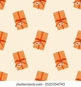 Craft Christmas gift boxes seamless pattern. Festive background. Illustration for greeting cards, invitations, posters.