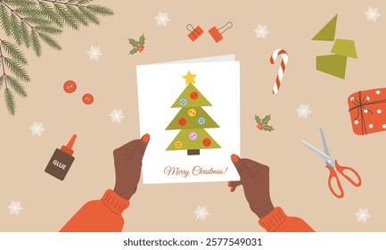 Craft Christmas tree. African Girl making Holiday greeting card from paper. DIY New Year decoration. Cozy home atmosphere, family time. Top view. Cartoon vector illustration.