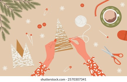 Craft Christmas Tree. Girl create Christmas tree from cardboard and jute rope. Top view on workplace. Process of handmade toys. DIY holiday decorations. Vector illustration in flat cartoon style.