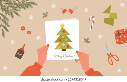 Craft Christmas tree. Girl making Holiday greeting card from paper. DIY New Year decoration. Cozy home atmosphere, family time. Top view. Cartoon vector illustration.