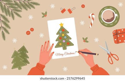 Craft Christmas tree. Girl making Holiday greeting card from paper. DIY New Year decoration. Cozy home atmosphere, family time. Top view. Cartoon vector illustration.