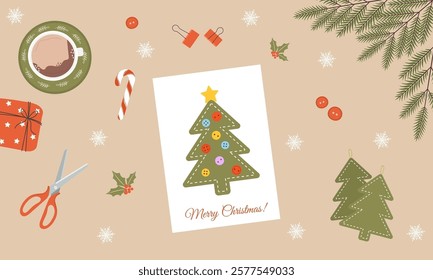 Craft Christmas tree. Holiday greeting card from paper. DIY New Year decoration. Cozy home atmosphere, family time. Top view. Cartoon vector illustration.