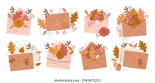 Craft closed and opened paper greeting letter postcards envelope with colorful decorative autumn leaves, berries, art mushrooms design elements isolated set. Seasonal holiday mails vector illustration