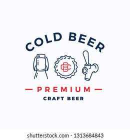 Craft Cold Beer Abstract Vector Beer Sign, Emblem or Logo Template. Growler Bottle, Cap and Beer Tap Icons with Vintage Monogram and Typography. Isolated.