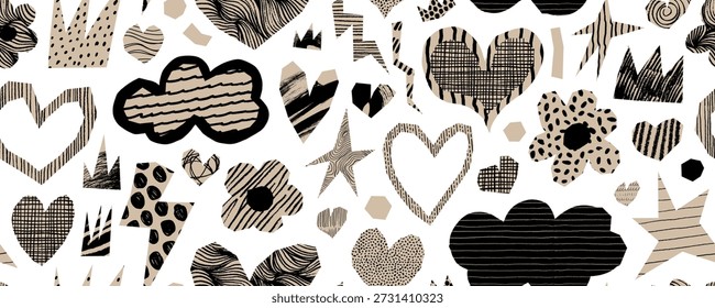 Craft colagem scrapbook coração, nuvem e estrela padrão sem costura. Fundo do álbum de recortes do dia dos namorados com textura de padrão desenhado de giz de cera. Papel de embrulho romântico artesanal bonito com corações.
