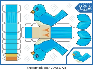 Craft Cut And Glue Paper 3d Bird. Create Animals Toy. Kids Paper Craft Template Worksheet Activity Page. Vector Children Art Puzzle Game.