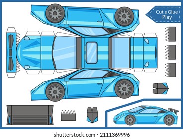 Craft cut and glue paper car. Create papercraft 3d toy. Birthday template worksheet activity gaming page. Vector art puzzle game.