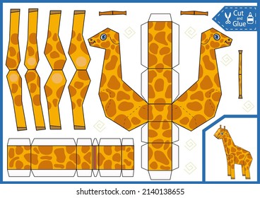 Craft Cut And Glue Paper A Giraffe. Create 3d Animals Toy. Children Birthday Papercraft Template Worksheet Activity Gaming Page. Vector Kids Art Puzzle Game.