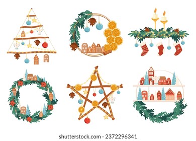 Craft decoration with fir branch, candles and Christmas socks Vector design elements handcrafts home decorating isolated on white background