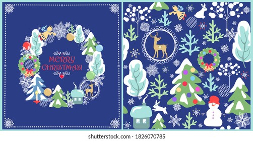 Craft design with greeting card with Christmas wreath and wallpaper with funny reindeer, snowy trees, angel, house, snowman and hare