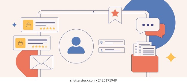 Craft detailed customer profiles for strategic marketing. Explore client relationships, buying patterns, favorites, likes, feedbacks, demographics, customer profile management. vector illustration