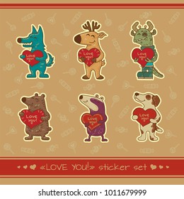 Craft doodle tribal illustratoin with animals. Vector stickers for Valentine day.