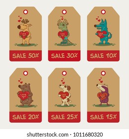 Craft doodle tribal labels with animals. Vector sale price for Valentine day.