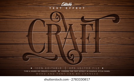 Craft Editable Text Effect Design Vector Graphic Style with Vintage Wooden Typography Lettering and Shadow on Wood Background. Scalable Engraved Texture Luxury Illustration Template for Greeting Card, Flyer, Banner, Celebration Poster or Party Invitation