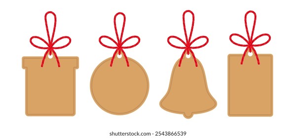 Craft empty Christmas New Year tags: tree ball, gift box, bell with bow and ribbons. Kraft paper background, textbox tied up with cotton red rope bakers twine. Packing string for present. Vector EPS10