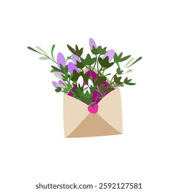 Craft envelope with branch of white and lilac buds and heart. First spring flowers. Clipart. Flat vector illustration.