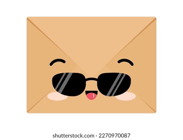 Craft envelope cute kawaii character with sunglasses. Closed kraft envelope vector clip art. Folded brown paper letter illustration happy smiling summer emoticon.