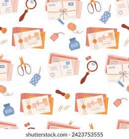 Craft envelope, letter, postcard. Mailing seamless pattern. Look at postage stamps under a magnifying glass. Collecting postage stamps, hobby.