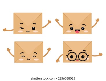 Craft envelopes cute kawaii character with arms set. Closed kraft envelope vector clip art collection. Folded brown paper letter illustration happy smiling emoticons with eyeglasses