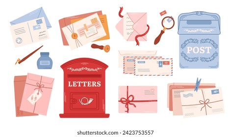 Craft envelopes, handmade cards. Stamps and postal stationery. Different retro postboxes. Delivery, message, communication concept. Set of isolated vector illustration.