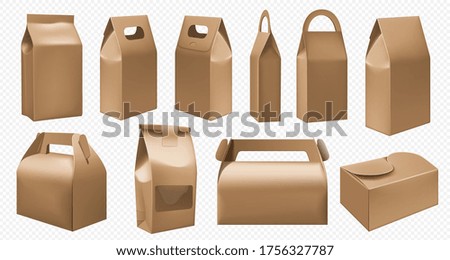 Craft food box. Cardboard lunch box and food pack on transparent background. Takeout fastfood container mockup set. Take away package template. Blank handle carton box for breakfast vector