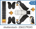 Craft game cut and glue paper 3d penguin. Kids papercraft template cute character. Education activity printable page. DIY model toys of funny bird.