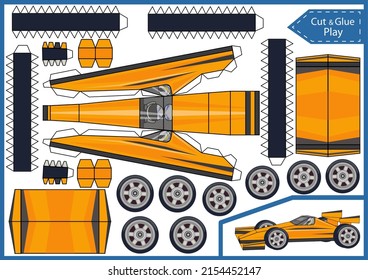 Craft game cut and glue paper racing car. Create papercraft 3d toy. Activity gaming page. Birthday template worksheet. Vector printable art puzzle game.