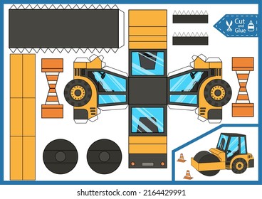 Craft Game Cut And Glue Paper Toy Roller Truck. Create Papercraft 3d Construction Vehicle. Activity Gaming Page. Birthday Template Worksheet. Vector Printable Art Puzzle Game.