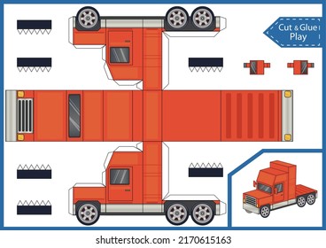 Craft game cut and glue paper truck. Create papercraft 3d toys car. Activity gaming page. Birthday template worksheet. Vector printable art puzzle game.