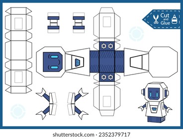 Craft game cut and glue paper 3d robot. Kids papercraft template. Education activity printable page. DIY model toys.