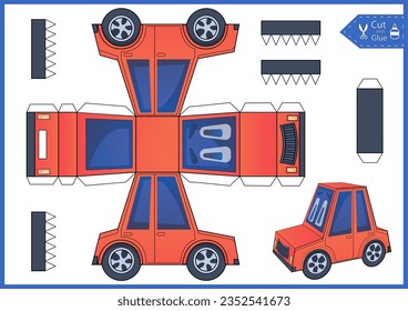 Craft game cut and glue paper 3d car character. Kids papercraft template. Education activity printable page. DIY model toys.