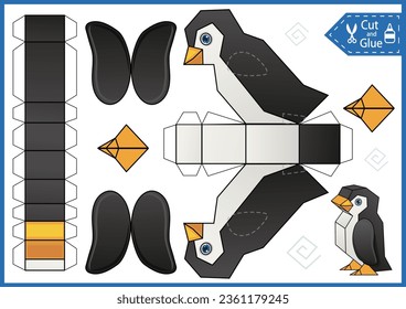 Craft game cut and glue paper 3d penguin. Kids papercraft template cute character. Education activity printable page. DIY model toys of funny bird.