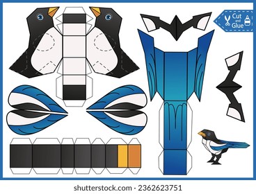 Craft game cut and glue paper 3d penguin. Kids papercraft template cute character. Education activity printable page. DIY model toys of funny bird.