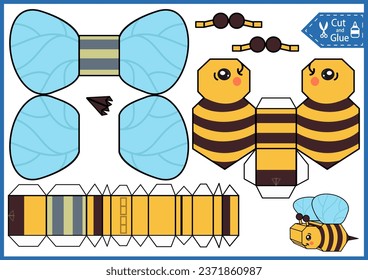 Craft game cut and glue paper 3d bee. Kids papercraft template cute character. Education activity printable page. DIY model toys of funny insect.