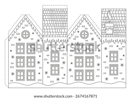 Craft game cut and glue paper. Coloring page with Christmas house for kids. Education for kids, papercraft, Christmas decor. Vector illustration