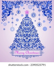 Craft greeting card for winter holidays with decorative cut out floral blue border, Christmas tree and hanging balls, angels and snowflakes