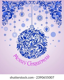 Craft greeting card for winter holidays with decorative cut out floral blue border, hanging Christmas ball, angels and snowflakes