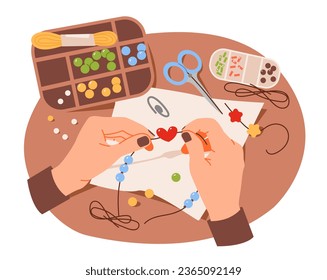 Craft handmade hobbies. Beading. Hands weave jewelry made of beads. Flat vector illustration.