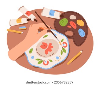 Craft handmade hobbies. Painting of clay products. Flat vector illustration.