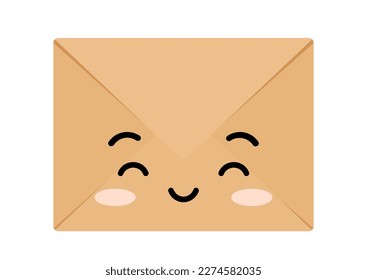 Craft happy envelope cute kawaii character with face. Closed kraft funny envelope with face vector clip art. Folded brown paper letter illustration happy smiling emoticon.