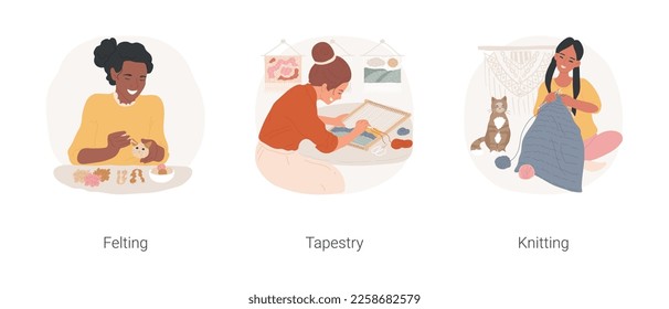 Craft hobbies isolated cartoon vector illustration set. Woman making needle felting, doing tapestry, knitting a blanket, having creative hobby, stay home hands-on activity vector cartoon.