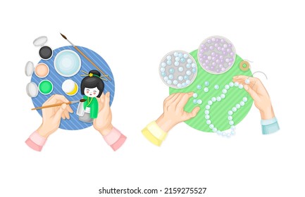 Craft hobbies set. View from above of human hands creating crafts. Painting and beadwork cartoon vector illustration