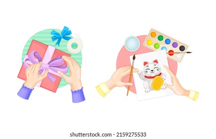Craft hobbies set. View from above of human hands creating crafts. Box decor and painting cartoon vector illustration
